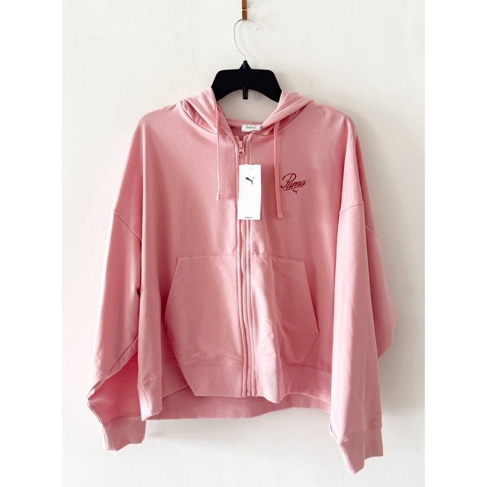 NEW Puma Script Logo Full Zip Hoodie In Rosy Outlook Pink Size XL - Picture 1 of 5
